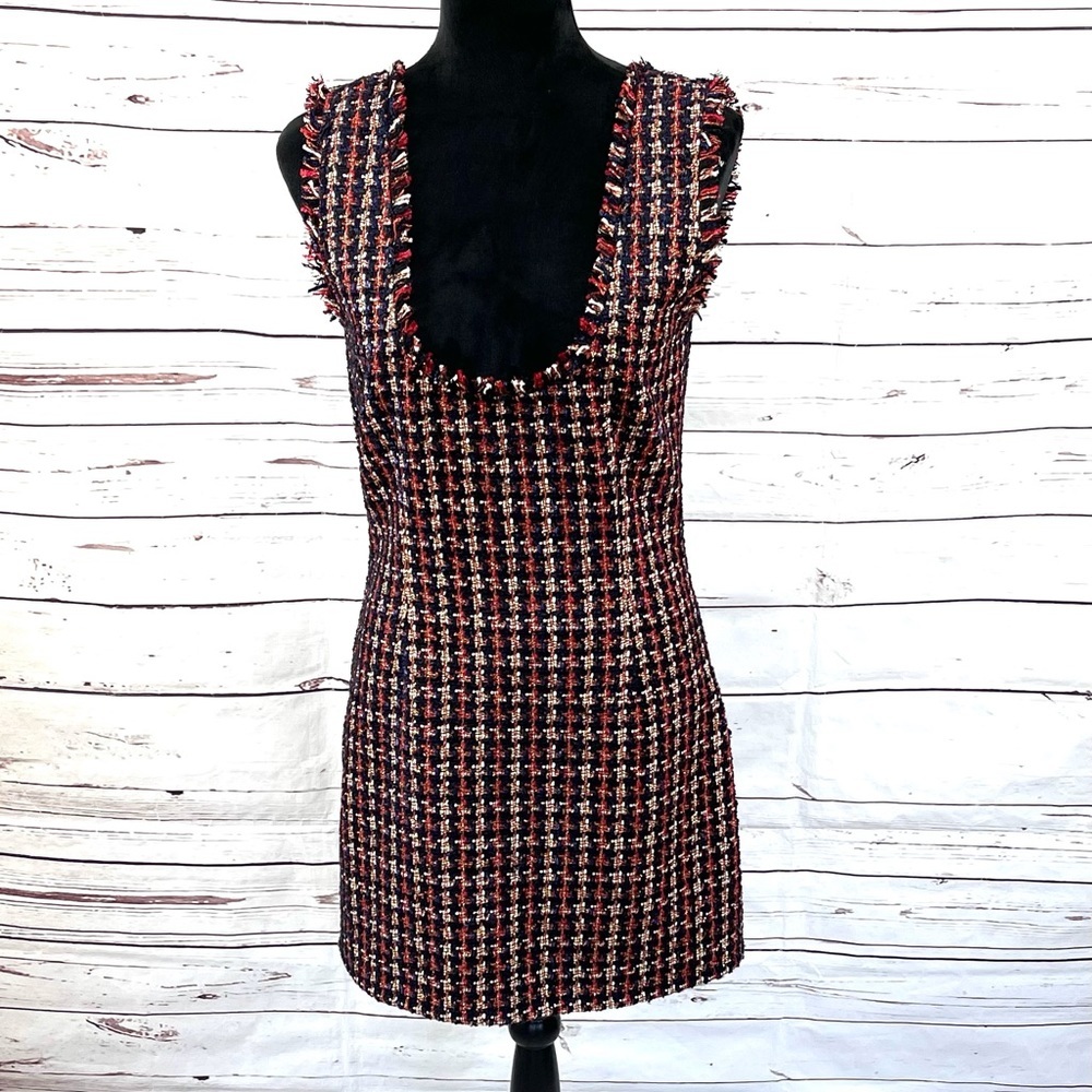 Anthropologie Judith March Womens Sheath Dress Red Plaid Tweed Shiny Size M